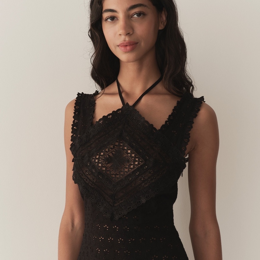 NWT Doen Frieda Cotton Eyelet Ruffle Lace Halter A Line Midi Maxi Dress Black - Picture 3 of 13